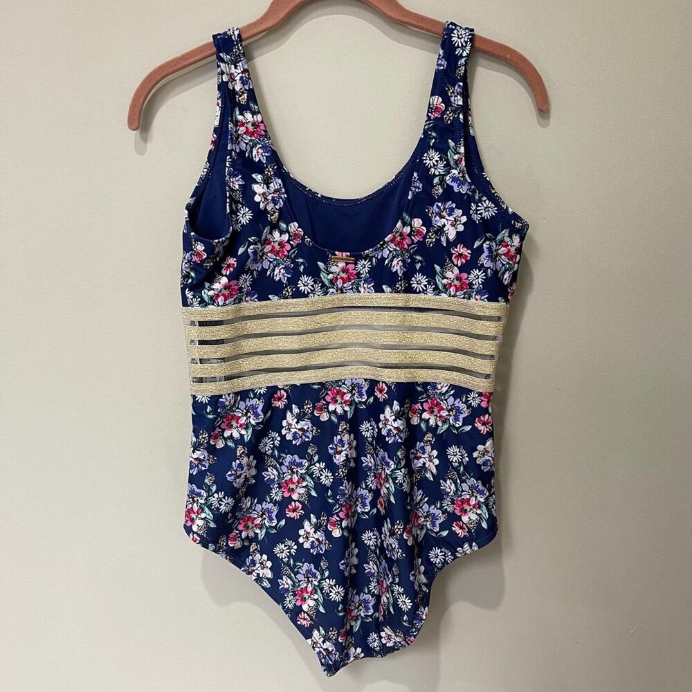 NICOLE MILLER Navy Blue Floral Bathing Suit Swimsuit Mesh One Piece Size Medium - Picture 2 of 8